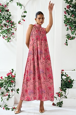 Pink Cotton Silk Floral Printed Midi In-Cut Dress by ARJE India