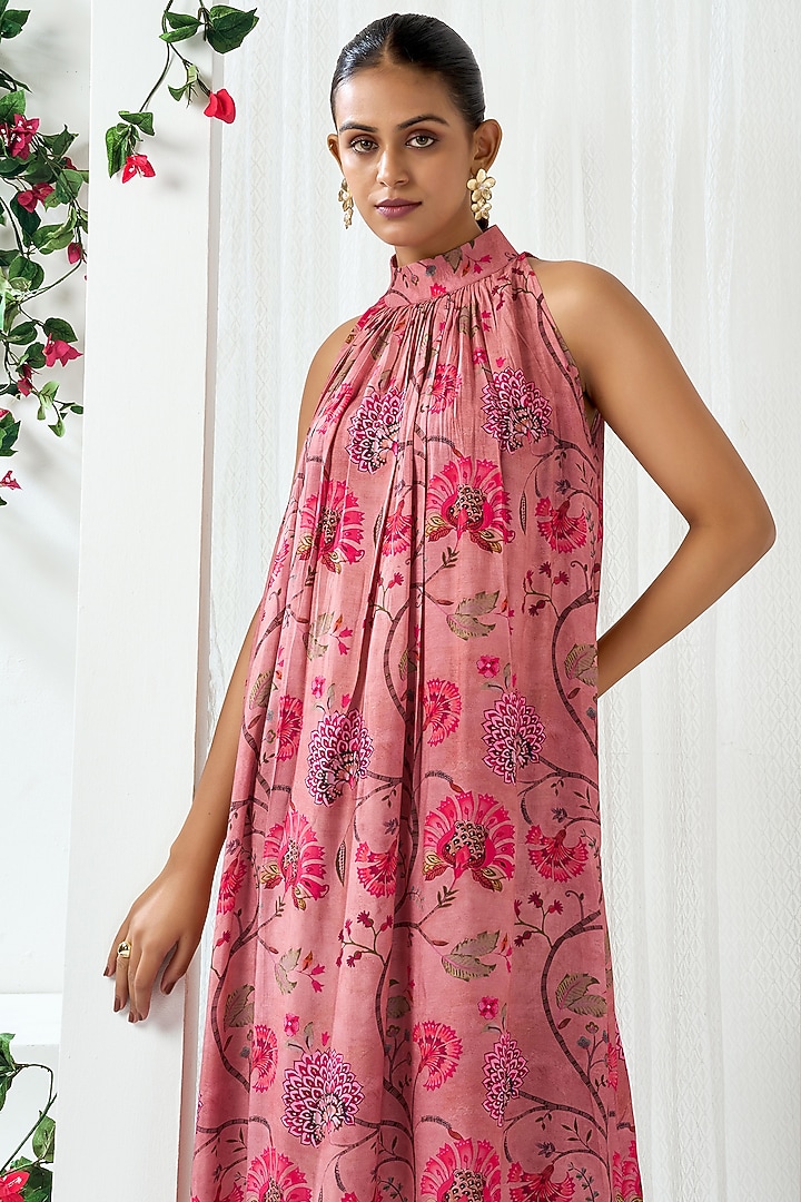 Pink Cotton Silk Floral Printed Midi In-Cut Summer Dress by ARJE India at Pernia's Pop Up Shop
