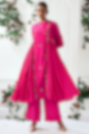 Fuchsia Pink Cotton Silk Embroidered Party Wear Anarkali Set by ARJE India at Pernia's Pop Up Shop