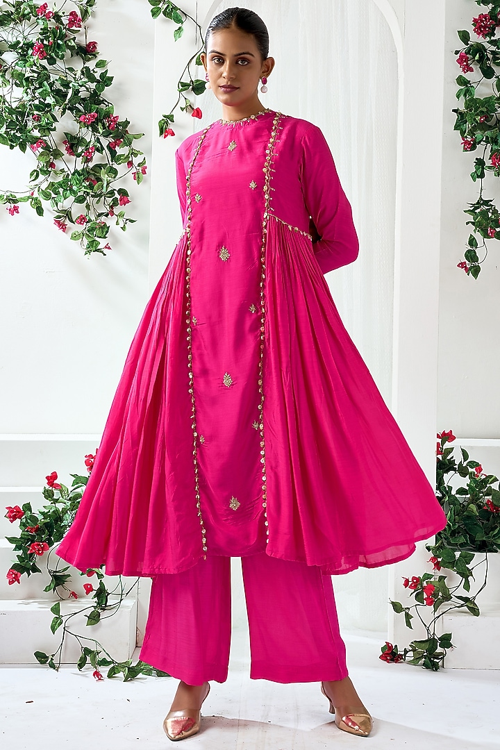 Fuchsia Pink Cotton Silk Embroidered Party Wear Anarkali Set by ARJE India at Pernia's Pop Up Shop