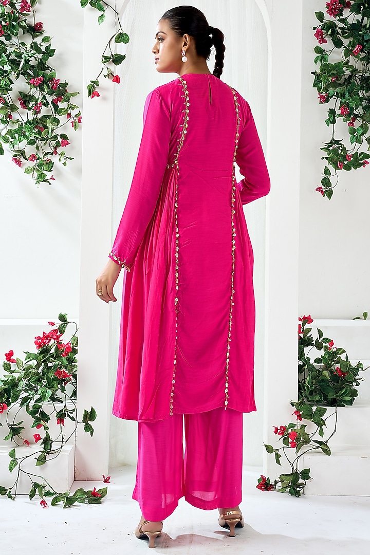 Fuchsia Pink Cotton Silk Embroidered Party Wear Anarkali Set by ARJE India at Pernia's Pop Up Shop