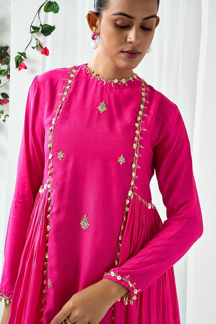 Fuchsia Pink Cotton Silk Embroidered Party Wear Anarkali Set by ARJE India at Pernia's Pop Up Shop