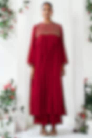 Red Cotton Silk Embroidered Gathered Party Wear Anarkali Set by ARJE India at Pernia's Pop Up Shop