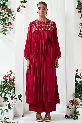 Red Cotton Silk Embroidered Gathered Anarkali Set by ARJE India