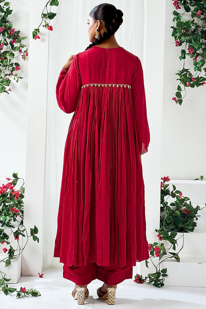 Red Cotton Silk Embroidered Gathered Party Wear Anarkali Set by ARJE India at Pernia's Pop Up Shop