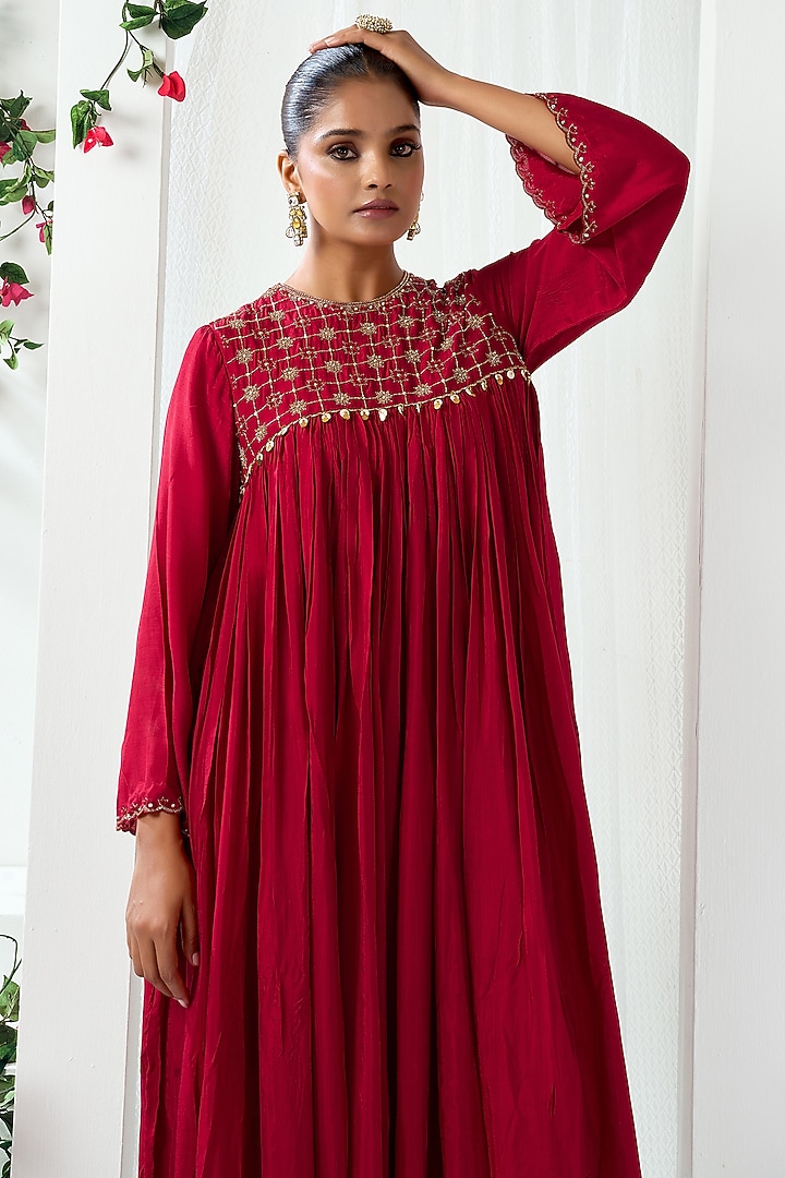 Red Cotton Silk Embroidered Gathered Party Wear Anarkali Set by ARJE India at Pernia's Pop Up Shop