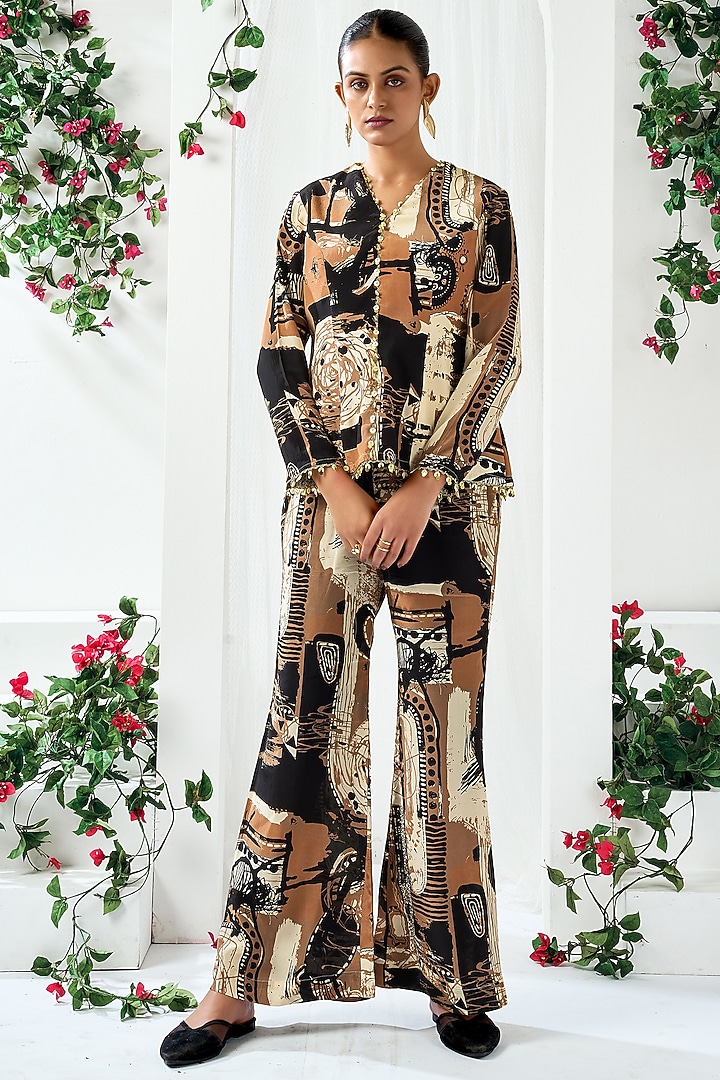 Black & Brown Natural Crepe Abstract Printed Co-Ord Set by ARJE India at Pernia's Pop Up Shop