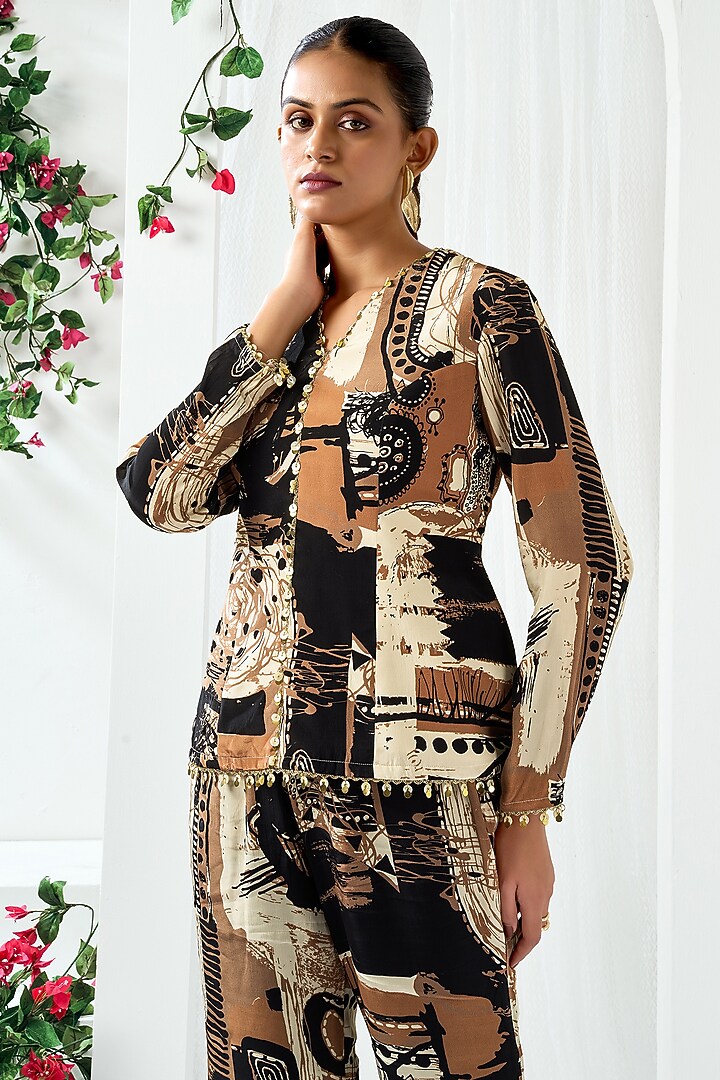 Black & Brown Natural Crepe Abstract Printed Co-Ord Set by ARJE India at Pernia's Pop Up Shop