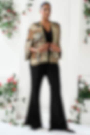 Black & Brown Natural Crepe Abstract Printed Blazer Set by ARJE India at Pernia's Pop Up Shop