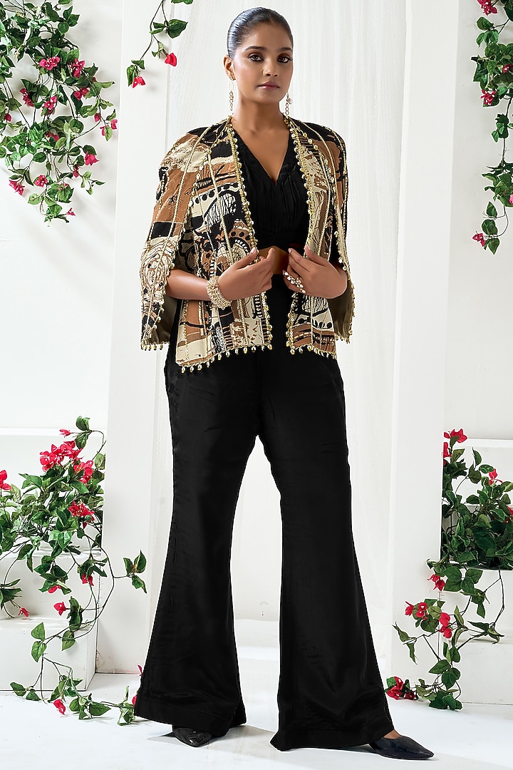 Black & Brown Natural Crepe Abstract Printed Blazer Set by ARJE India at Pernia's Pop Up Shop