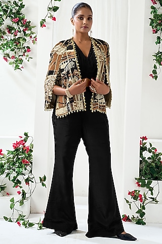 Black & Brown Natural Crepe Abstract Printed Blazer Set by ARJE India