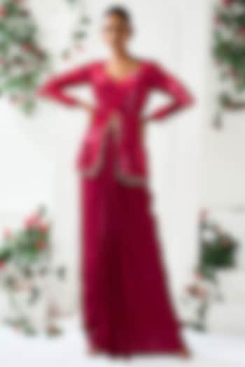 Red Natural Crepe Draped Skirt Set by ARJE India at Pernia's Pop Up Shop