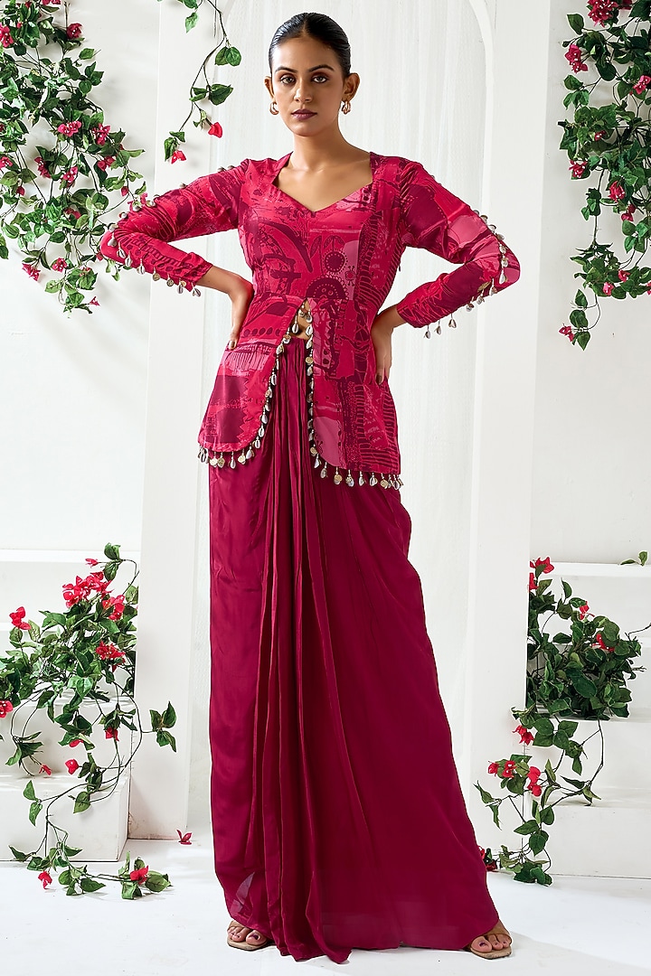 Red Natural Crepe Draped Skirt Set by ARJE India at Pernia's Pop Up Shop