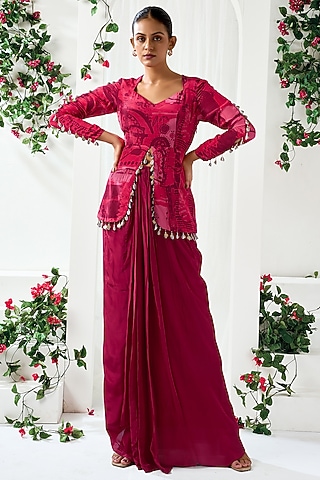 Red Natural Crepe Draped Skirt Set by ARJE India