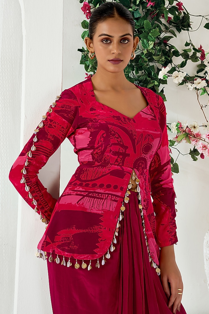 Red Natural Crepe Draped Skirt Set by ARJE India at Pernia's Pop Up Shop