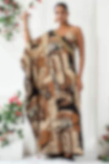 Black & Brown Natural Crepe Abstract Printed One-Shoulder Vacation Dress by ARJE India at Pernia's Pop Up Shop