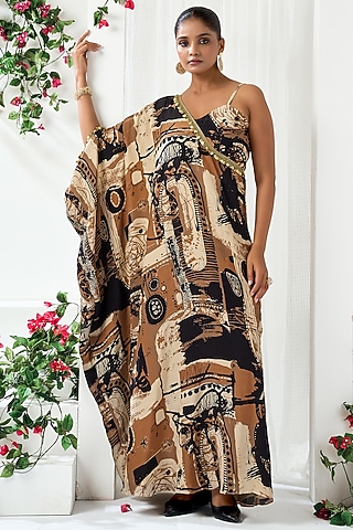 Black & Brown Natural Crepe Abstract Printed One-Shoulder Dress by ARJE India