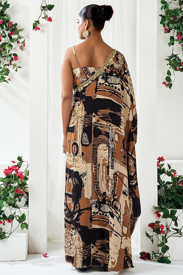 Black & Brown Natural Crepe Abstract Printed One-Shoulder Vacation Dress by ARJE India at Pernia's Pop Up Shop