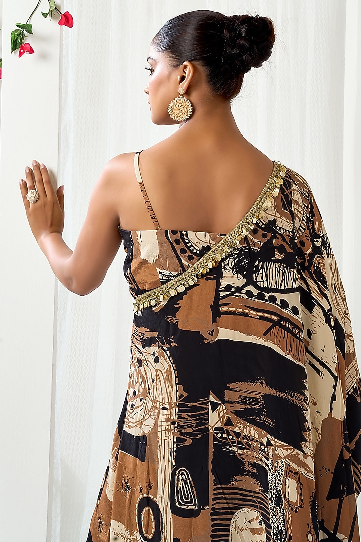 Black & Brown Natural Crepe Abstract Printed One-Shoulder Vacation Dress by ARJE India at Pernia's Pop Up Shop
