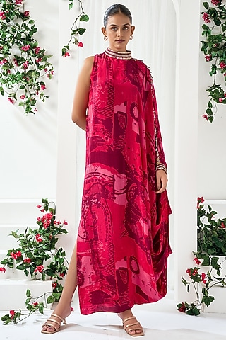 Red Natural Crepe Abstract Printed Cowl Maxi Dress by ARJE India