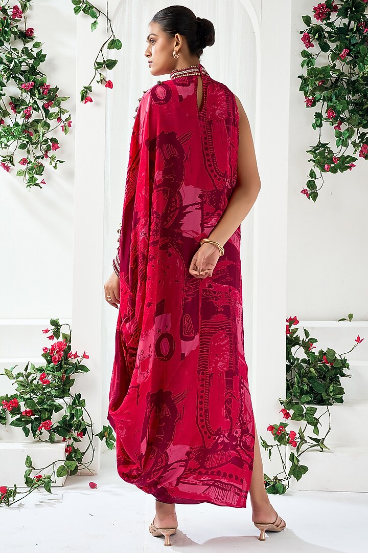 Red Natural Crepe Abstract Printed Cowl Maxi Vacation Dress by ARJE India at Pernia's Pop Up Shop