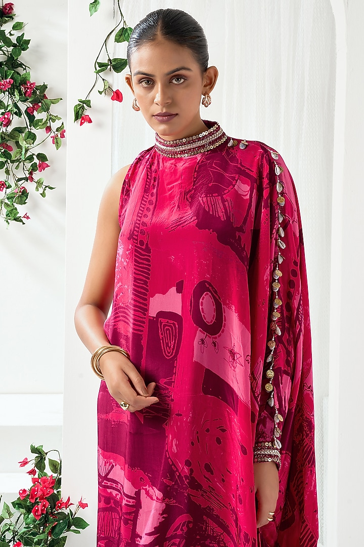 Red Natural Crepe Abstract Printed Cowl Maxi Vacation Dress by ARJE India at Pernia's Pop Up Shop