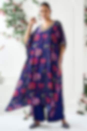 Blue Cotton Silk Floral Printed Kaftan Kurta Set by ARJE India at Pernia's Pop Up Shop