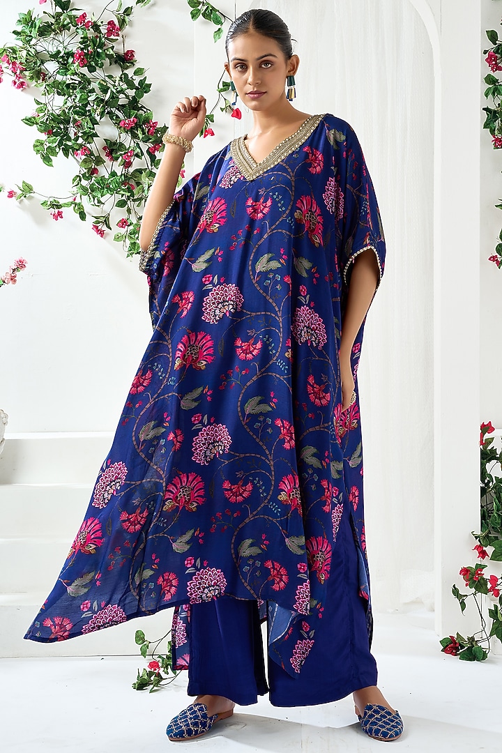 Blue Cotton Silk Floral Printed Kaftan Kurta Set by ARJE India at Pernia's Pop Up Shop