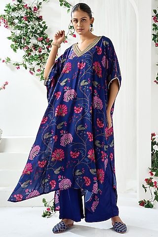 Blue Cotton Silk Floral Printed Kaftan Kurta Set by ARJE India