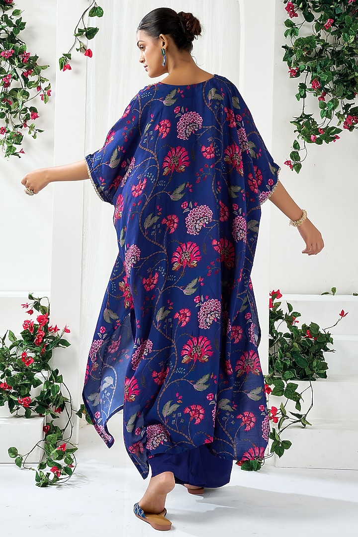 Blue Cotton Silk Floral Printed Kaftan Kurta Set by ARJE India at Pernia's Pop Up Shop
