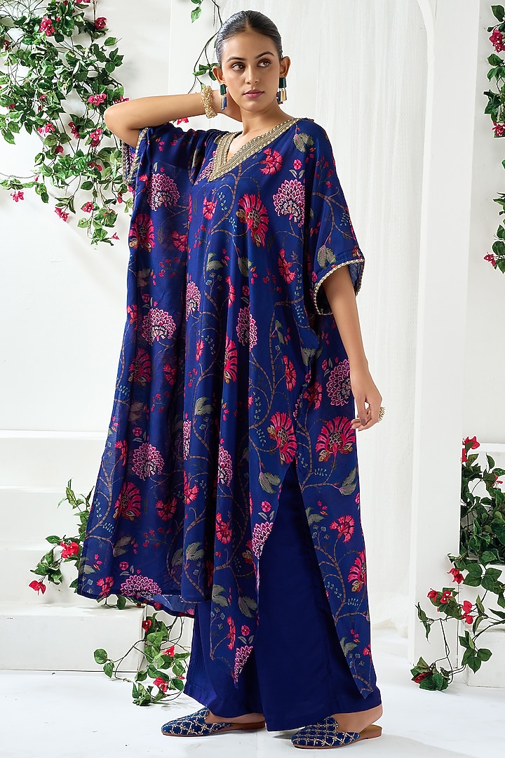 Blue Cotton Silk Floral Printed Kaftan Kurta Set by ARJE India at Pernia's Pop Up Shop