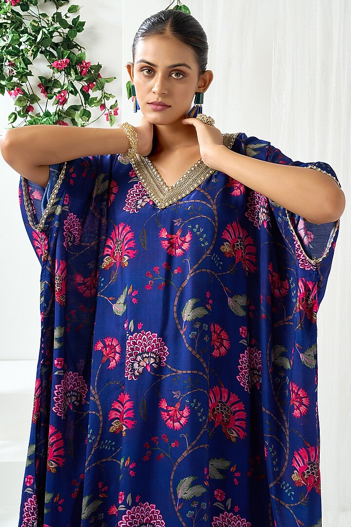 Blue Cotton Silk Floral Printed Kaftan Kurta Set by ARJE India at Pernia's Pop Up Shop