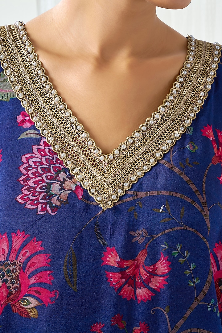 Blue Cotton Silk Floral Printed Kaftan Kurta Set by ARJE India at Pernia's Pop Up Shop