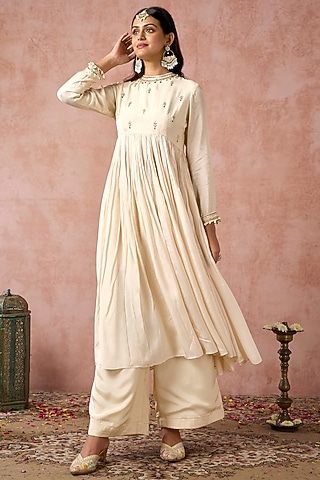 Off-White Cotton Silk Gathered Anarkali Set by ARJE India