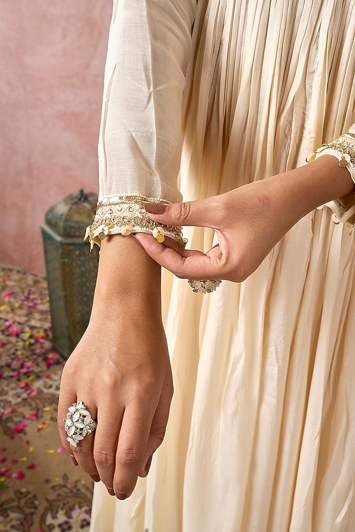 Off-White Cotton Silk Gathered Party Wear Anarkali Set by ARJE India at Pernia's Pop Up Shop