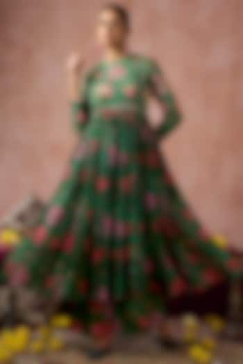 Green Cotton Silk Floral Printed Gathered Party Wear Anarkali Set by ARJE India at Pernia's Pop Up Shop