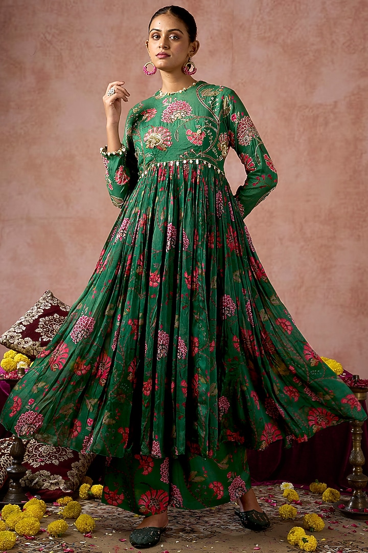 Green Cotton Silk Floral Printed Gathered Party Wear Anarkali Set by ARJE India at Pernia's Pop Up Shop
