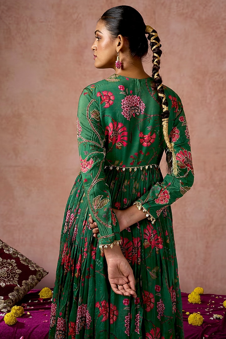 Green Cotton Silk Floral Printed Gathered Party Wear Anarkali Set by ARJE India at Pernia's Pop Up Shop