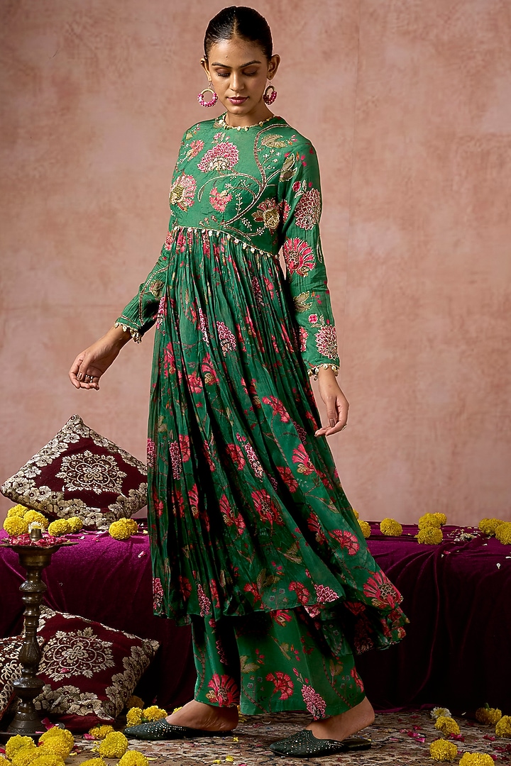 Green Cotton Silk Floral Printed Gathered Party Wear Anarkali Set by ARJE India at Pernia's Pop Up Shop