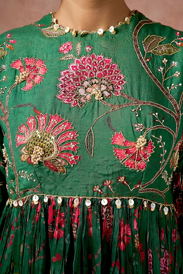 Green Cotton Silk Floral Printed Gathered Party Wear Anarkali Set by ARJE India at Pernia's Pop Up Shop