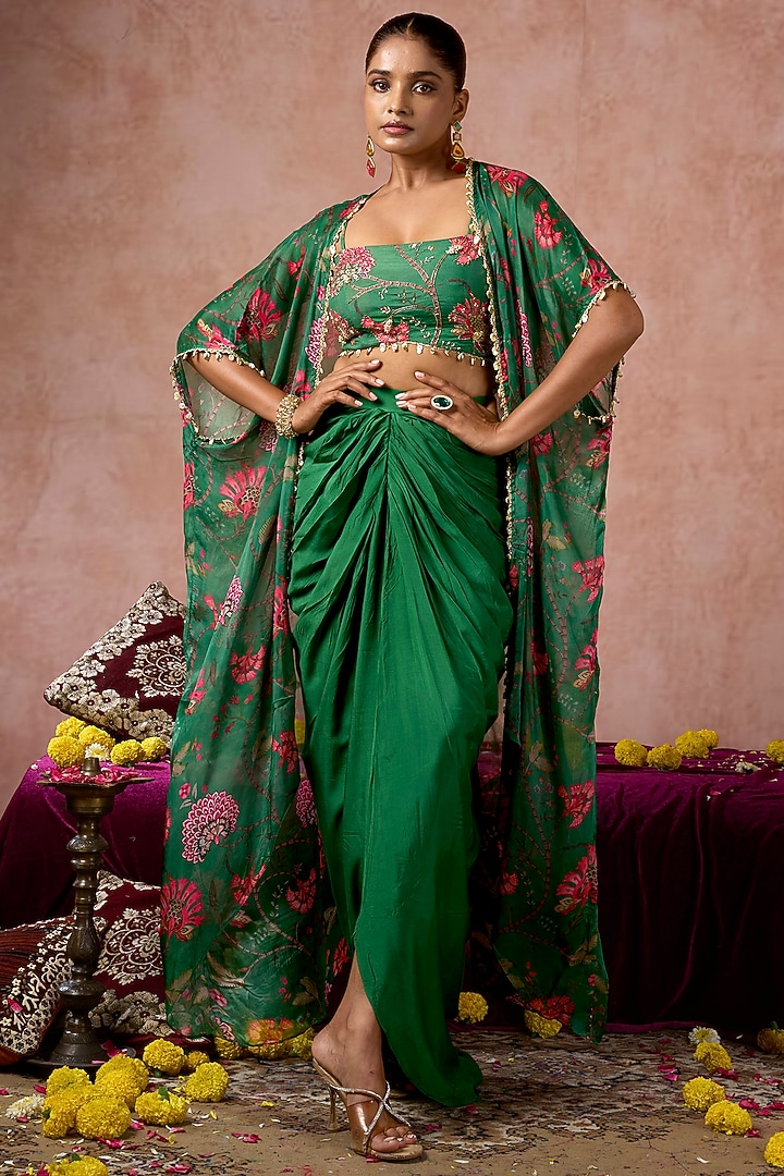 Green Cotton Silk Floral Printed Cape Set by ARJE India at Pernia's Pop Up Shop