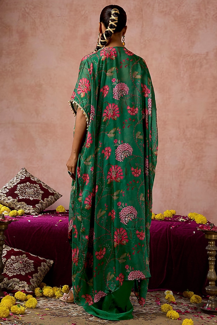 Green Cotton Silk Floral Printed Cape Set by ARJE India at Pernia's Pop Up Shop