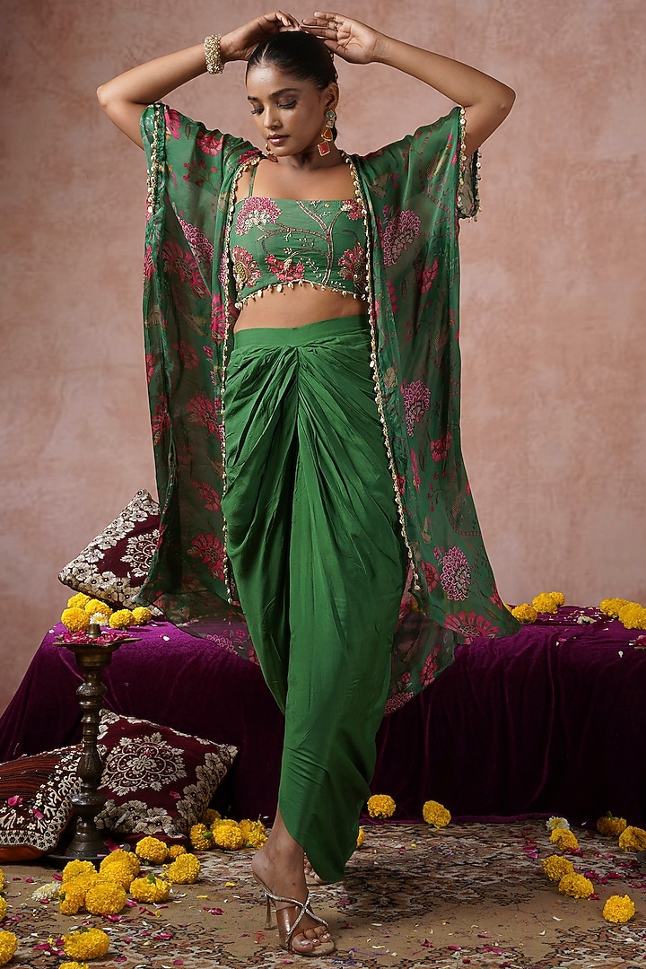 Green Cotton Silk Floral Printed Cape Set by ARJE India at Pernia's Pop Up Shop