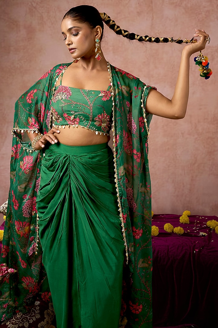 Green Cotton Silk Floral Printed Cape Set by ARJE India at Pernia's Pop Up Shop