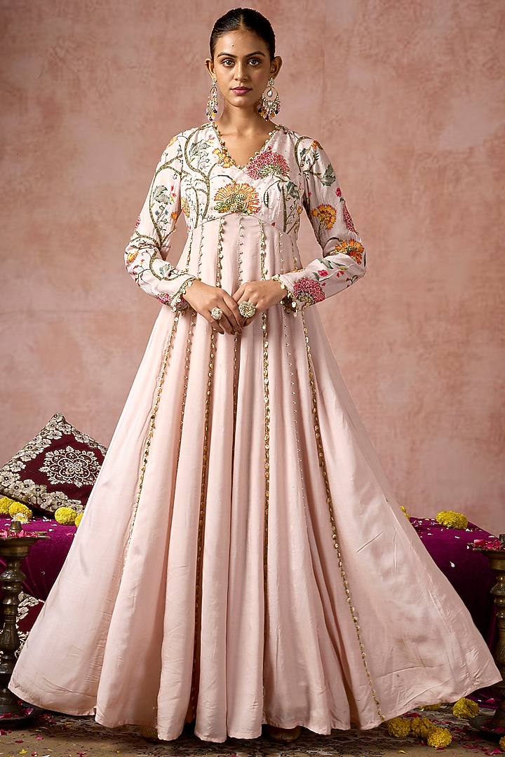 Nude Cotton Silk Floral Printed Wedding Anarkali by ARJE India at Pernia's Pop Up Shop