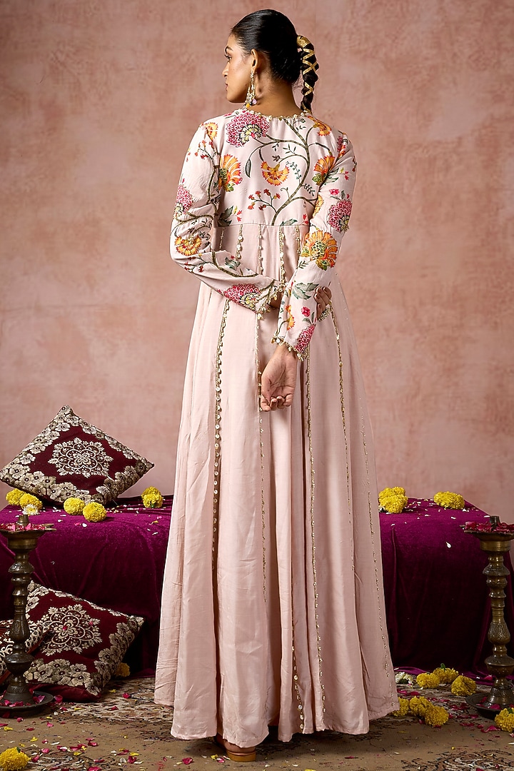 Nude Cotton Silk Floral Printed Party Wear Anarkali by ARJE India at Pernia's Pop Up Shop