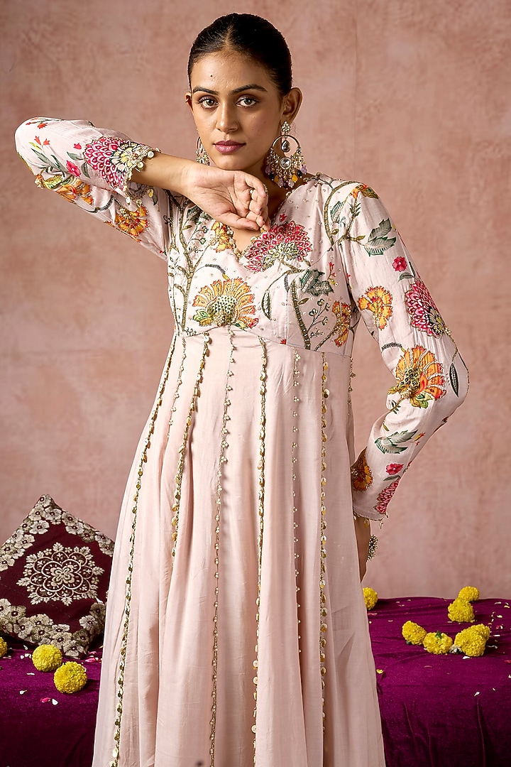 Nude Cotton Silk Floral Printed Party Wear Anarkali by ARJE India at Pernia's Pop Up Shop