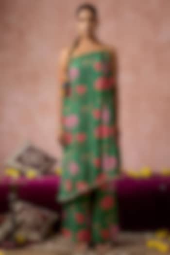 Green Cotton Silk Floral Printed Co-Ord Set by ARJE India at Pernia's Pop Up Shop