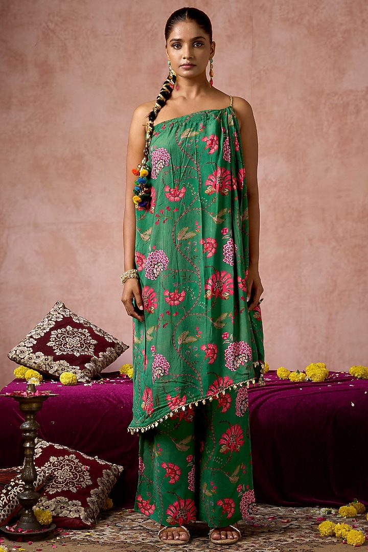 Green Cotton Silk Floral Printed Co-Ord Set by ARJE India at Pernia's Pop Up Shop