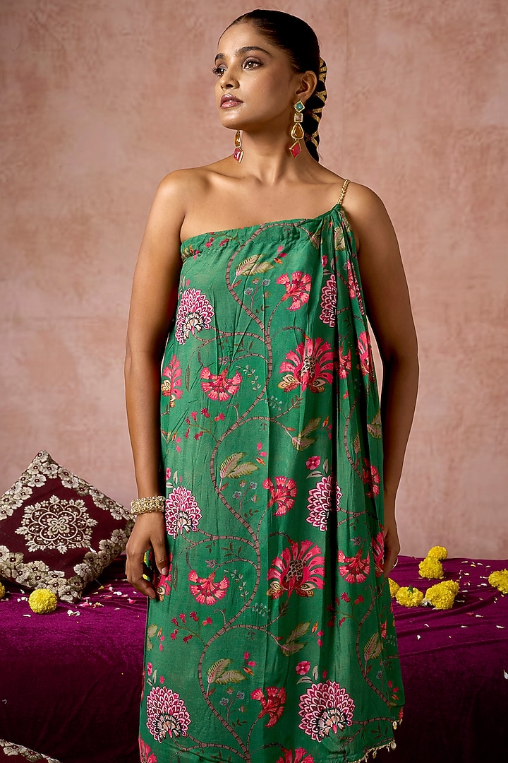 Green Cotton Silk Floral Printed Co-Ord Set by ARJE India at Pernia's Pop Up Shop